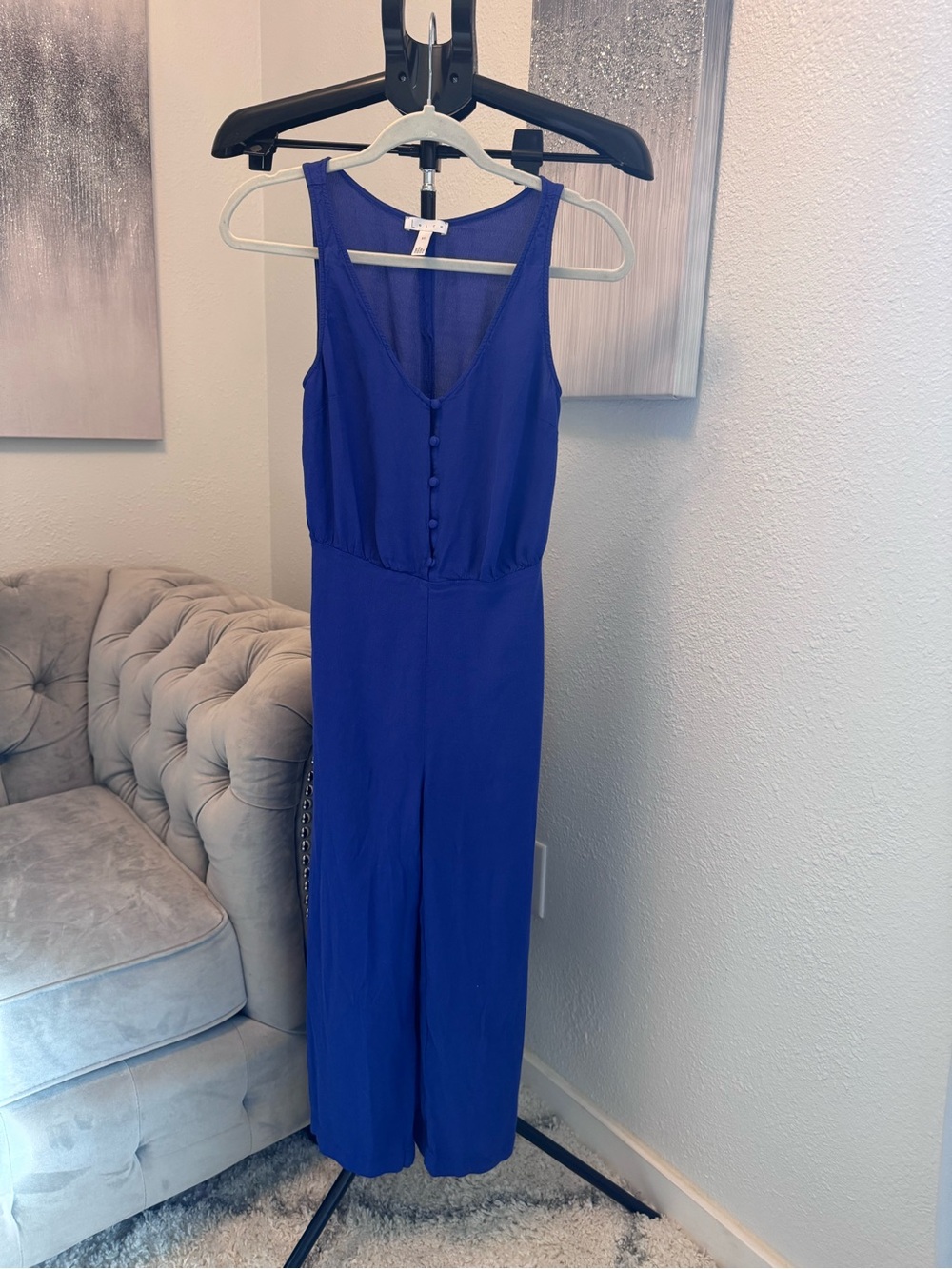 Leith Button-Front V-Neck Sleeveless Jumpsuit in Cobalt Blue